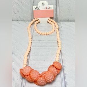 Kids Fashion Accessory Set Necklace & Bracelet Peach Coral Floral Design NWT
